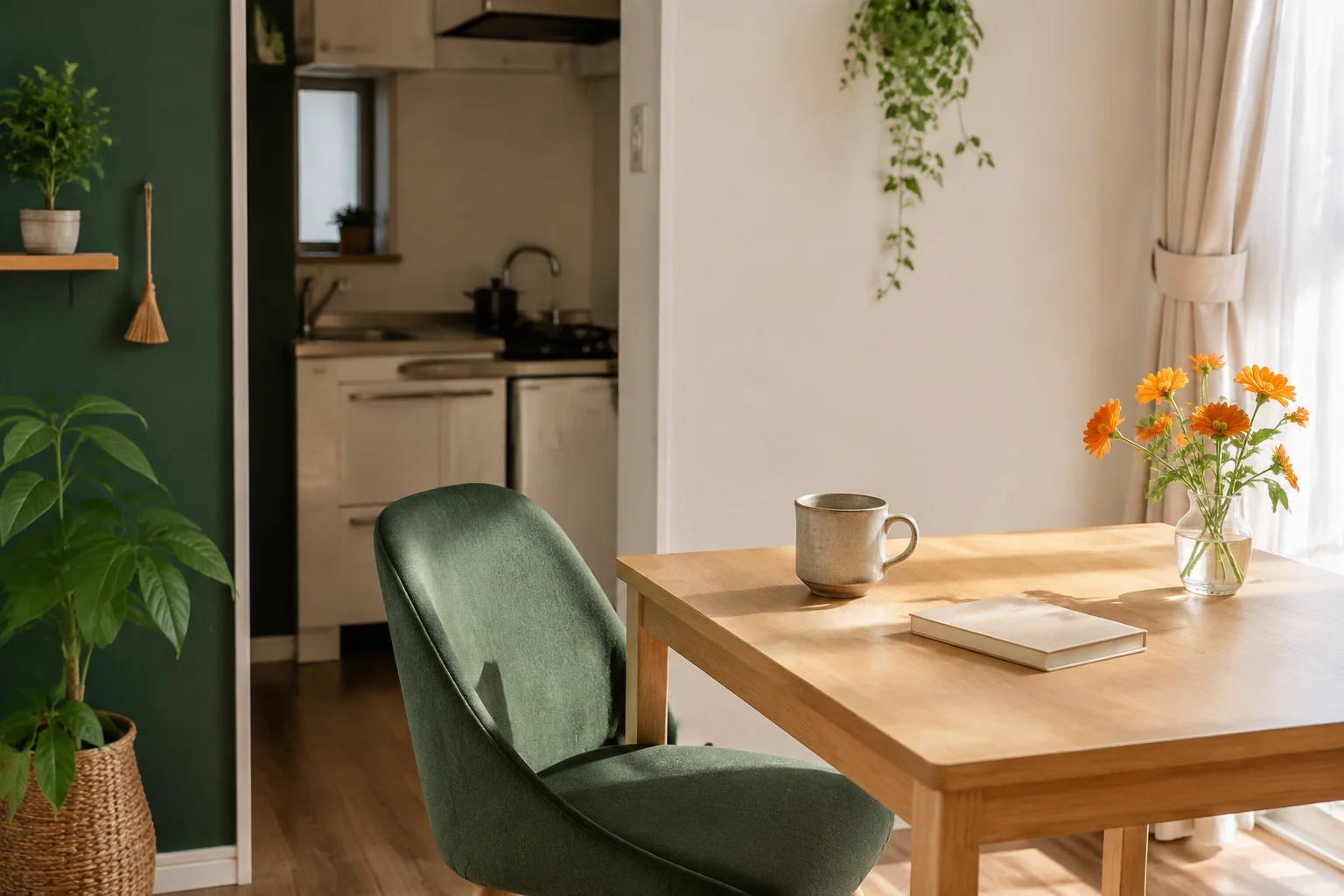 朝の光が入る部屋に、マグカップと本を置いた小さなテーブル