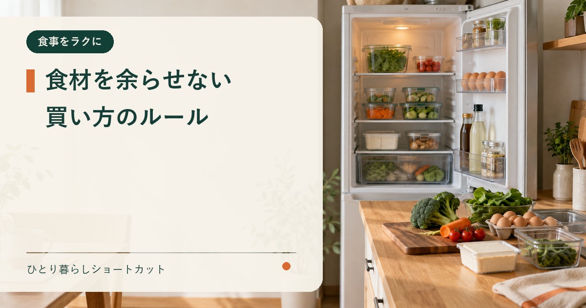 一人暮らしで食材を余らせない買い方を示すアイキャッチ画像