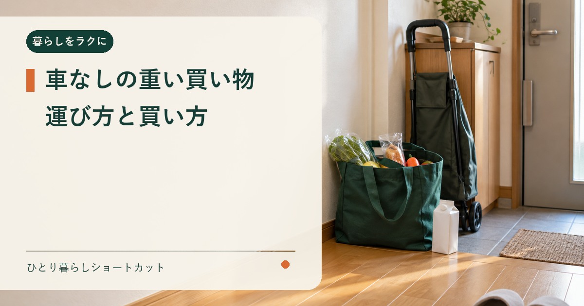 車なし一人暮らしの玄関に置いた買い物バッグと折りたたみカート