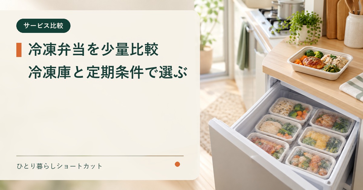 一人暮らし向け冷凍弁当3サービスの少量注文を比較するイメージ